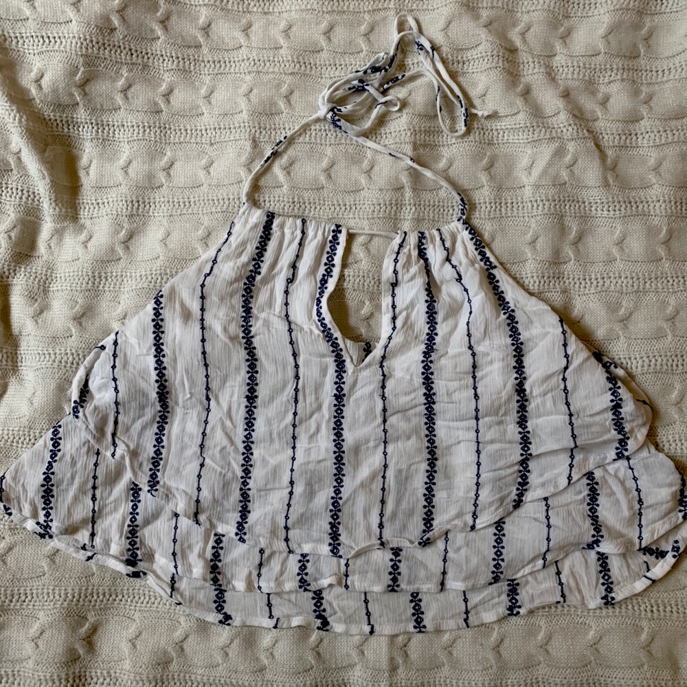 white and blue cropped halter top